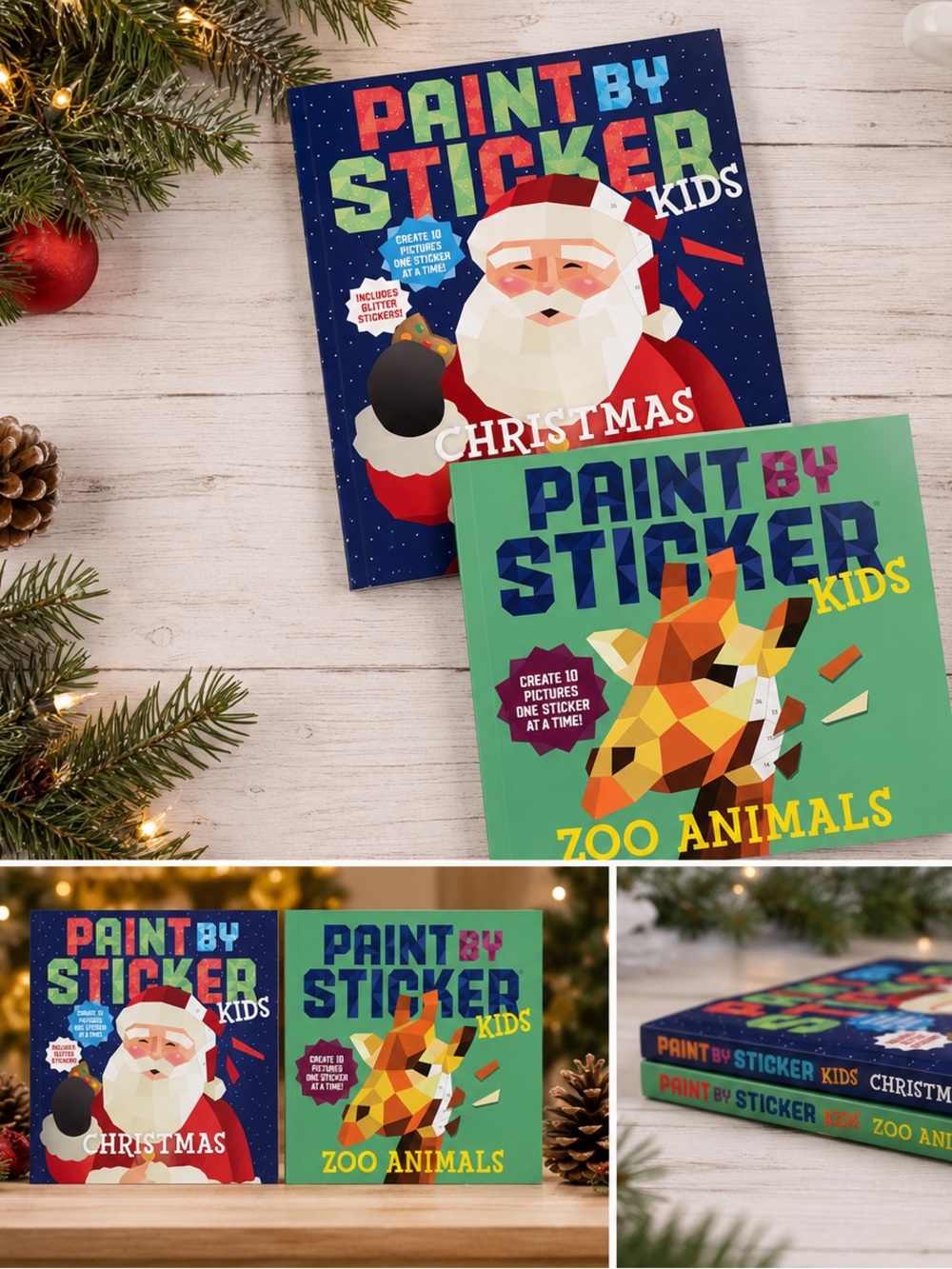 Paint By Sticker Kids - Christmas & Zoo Animals Activity Books (Green, Blue)